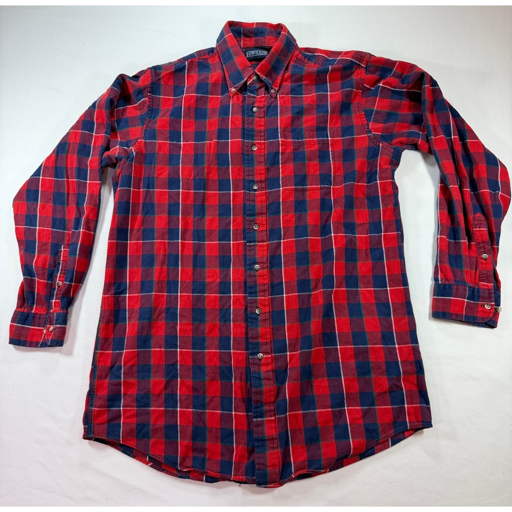 Lands End Mens Large Long Red Blue Plaid Flannel Button Down Shirt Cotton 1187